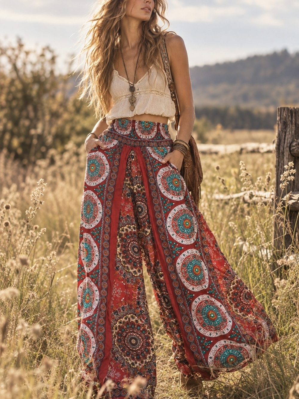 Trop Belle Pour Toi Montréal Boho Wide Leg Palazzo Pants Red Paisley S